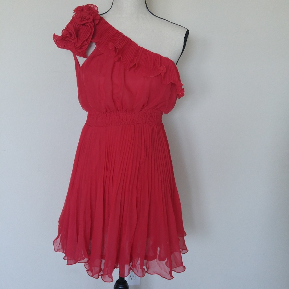 Chelsey Red One Shoulder Flutter Pleated Dress